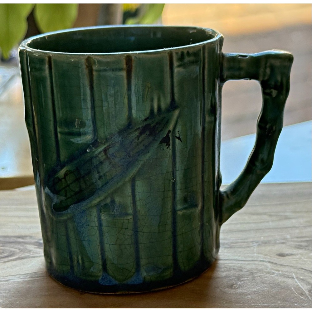 Vintage bamboo Green Ceramic Pottery Mug coffee cup Japan 4 in tiki